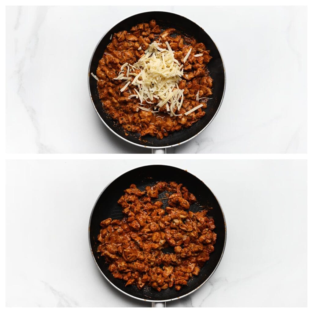 Haal de pan van het vuur en voeg de geraspte kaas toe. Meng goed door en zet even apart.