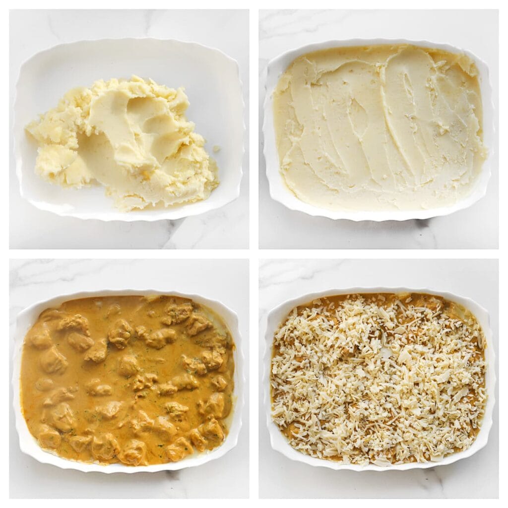 Schep de aardappelpuree gelijkmatig in een ovenschaal. Verdeel het kipmengsel hierover. Strooi de geraspte kaas als topping over de schotel. Zet de ovenschotel in een voorverwarmde oven op 200 °C (boven- en onderwarmte). Bak 10-15 minuten, of tot de kaas goudbruin en gesmolten is.