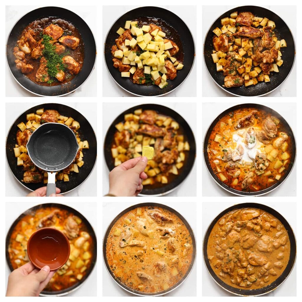 Voeg vervolgens de gehakte peterselie en aardappelblokjes toe en bak 1-2 minuten mee. Schenk het water erbij, verkruimel het kippenbouillonblokje boven de pan en roer alles goed door. Breng het geheel aan de kook en laat 5 minuten koken. Voeg daarna de kokosmelk, sojasaus en honing toe en laat het op laag vuur 15 minuten zachtjes sudderen, of tot de saus is ingedikt.