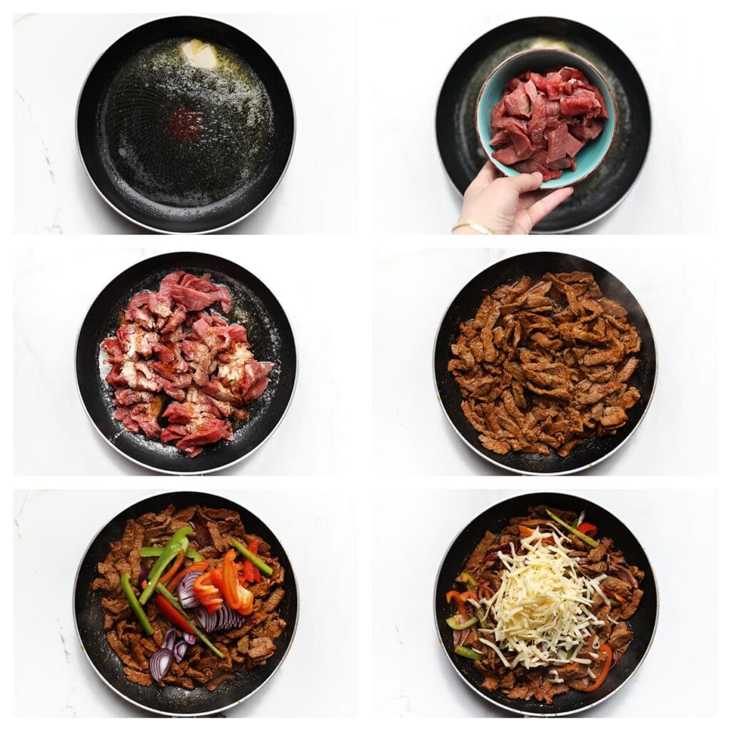 Verhit de roomboter samen met de olijfolie in een koekenpan op middelhoog vuur. Voeg de stukjes biefstuk, het zout, de cayennepeper, paprikapoeder, uienpoeder, knoflookpoeder en gedroogde peterselie toe, en bak ze 2-3 minuten. Voeg de rode ui en rode paprika toe en bak nog eens 2-3 minuten. Strooi de geraspte kaas erover en laat deze smelten.