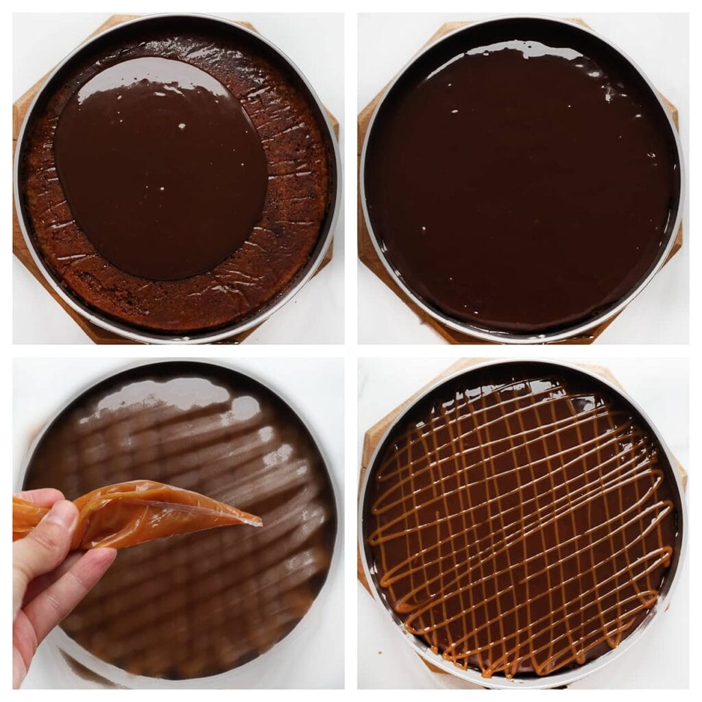 Giet de ganache over de afgekoelde cake. Spuit direct wat karamel over de ganache en laat de cake minimaal 4 uur opstijven in de koelkast, bij voorkeur een hele nacht.