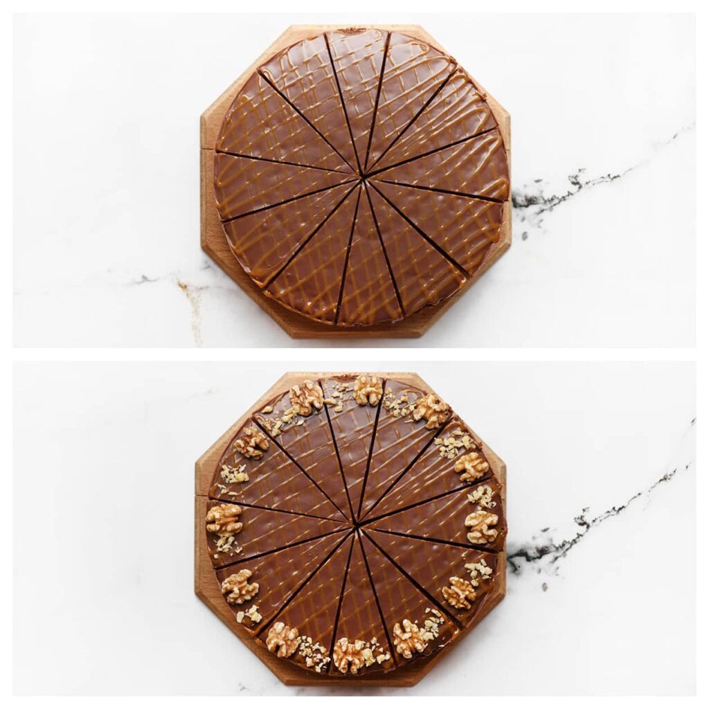 Snijd de cake in stukken en garneer met walnoten.