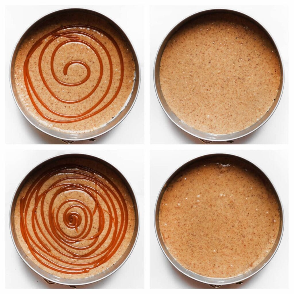 Giet een derde van het beslag in een met bakpapier beklede en ingevette bakvorm. Spuit een laag karamel over het beslag. Herhaal dit proces met nog een derde beslag, gevolgd door karamel, en eindig met de rest van het beslag.