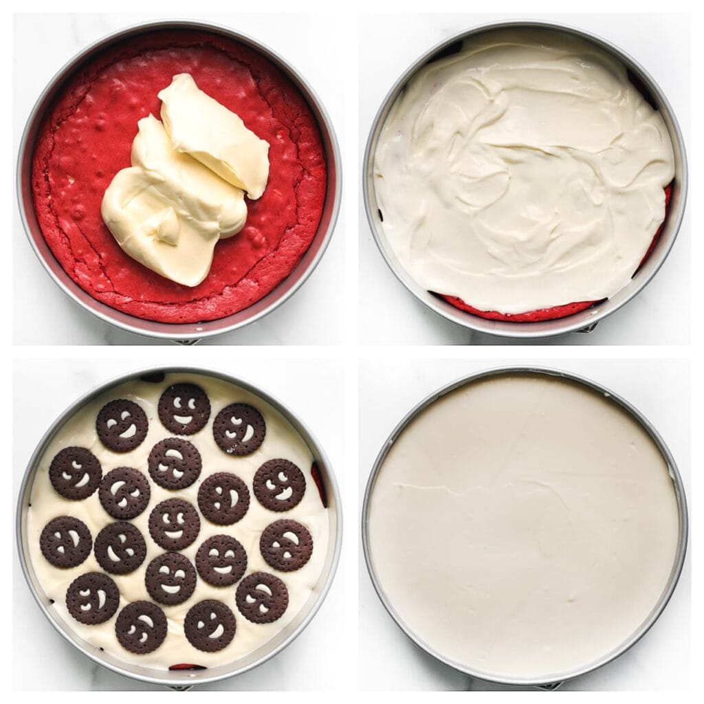 Voeg de helft van het cheesecakebeslag over de warme redvelvet. Verdeel de chocoladekoekjes erover en druk ze licht in het beslag. Giet de andere helft van het cheesecakebeslag erover en strijk het glad.