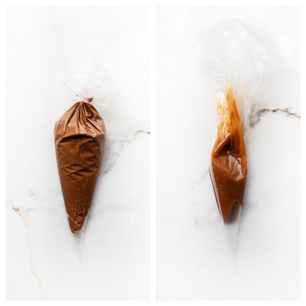 Vul een spuitzak met het chocolade-pindamengsel en een andere spuitzak met de karamel. Je kunt ook een boterhamzakje gebruiken.