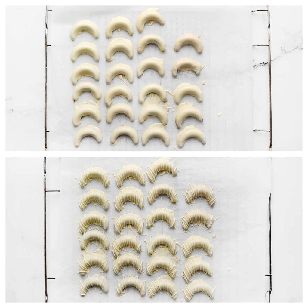 Plaats de hoorntjes op een met bakpapier beklede rooster/plaat en laat ze uitharden. Optioneel kun je er nog wat chocoladelijntjes overheen spuiten voor een decoratief effect.