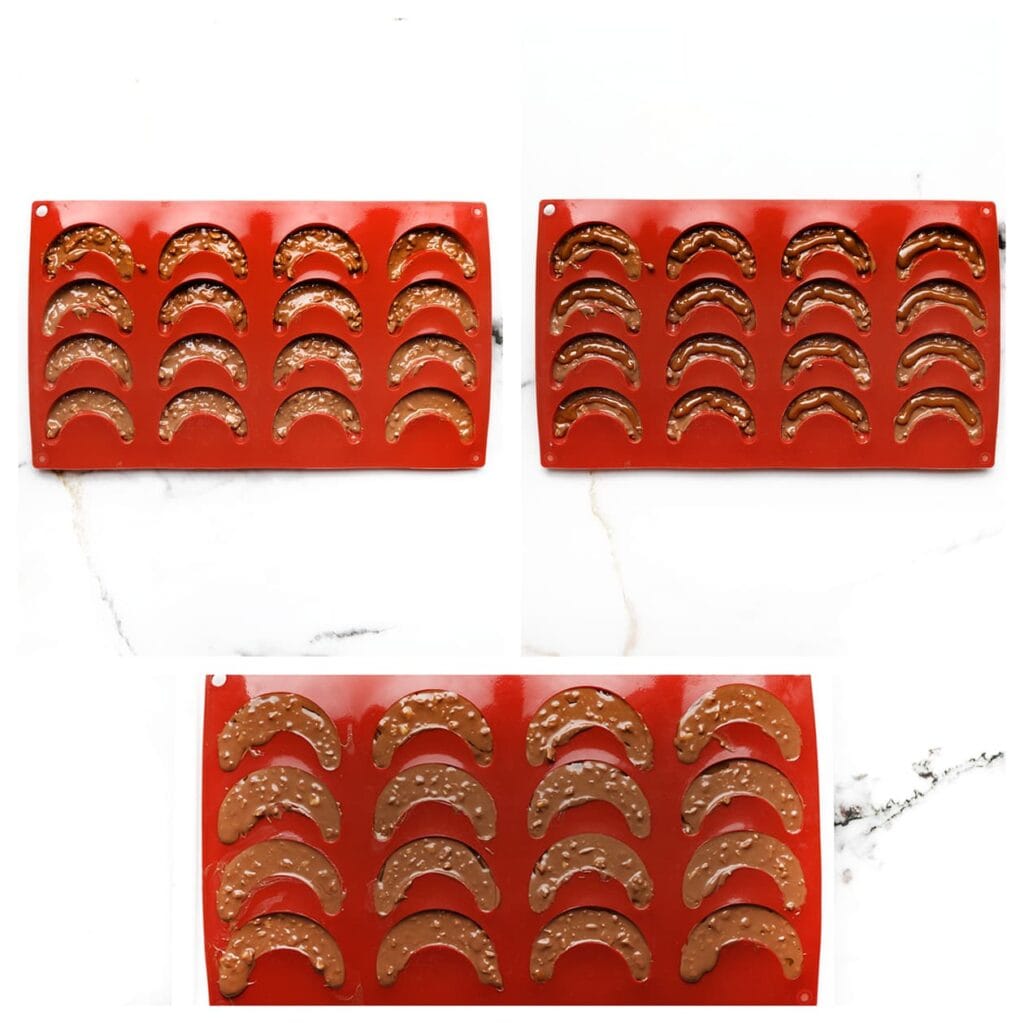 Neem een siliconenvorm en spuit een laagje van het pinda-chocolademengsel erin. Spuit hier een beetje karamel overheen, gevolgd door nog een laagje van het pinda-chocolademengsel. Laat de chocolade uitharden; zet de vorm eventueel in de koelkast om het proces te versnellen.