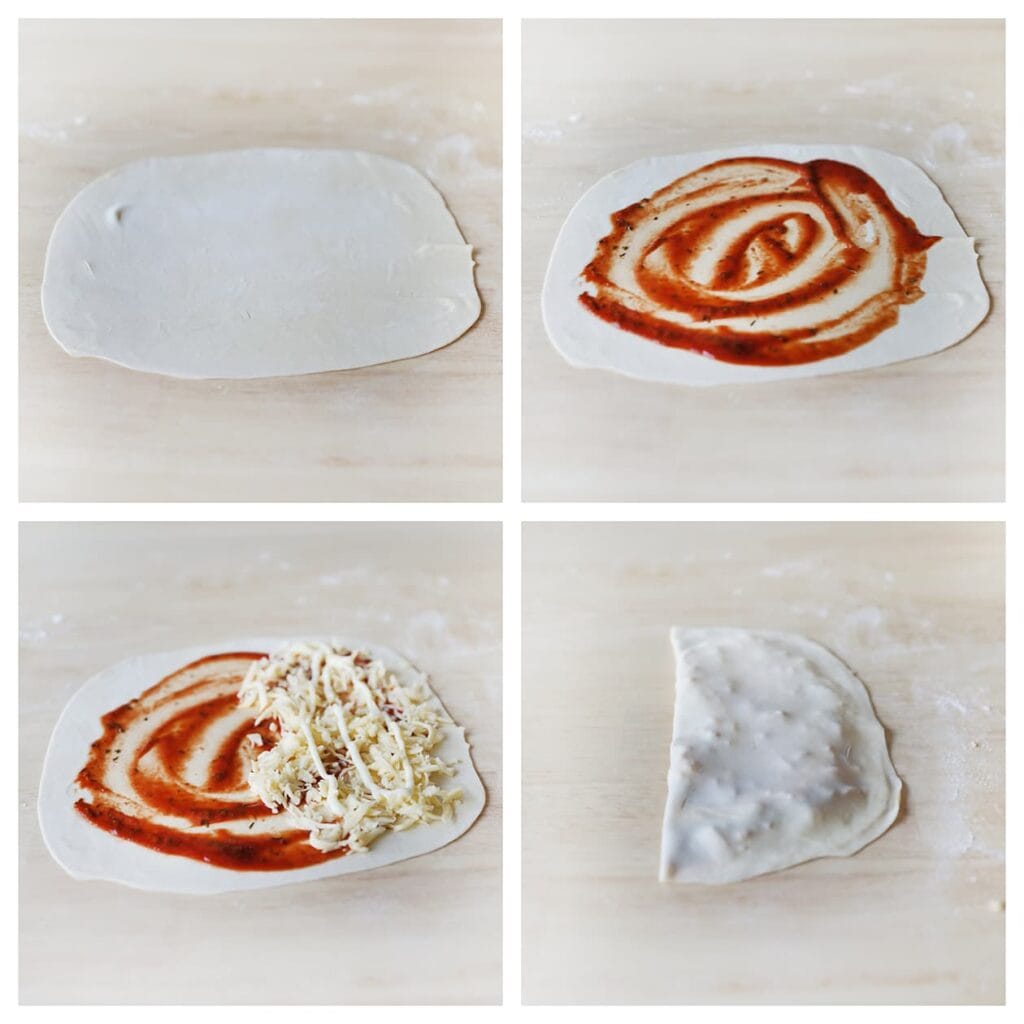 Neem een bolletje deeg en rol het uit tot een platte cirkel. Bestrijk één helft met een dun laagje tomatensaus en strooi er wat geraspte kaas overheen. Maak de randen van het deeg vochtig met een beetje water en vouw het goed dicht.