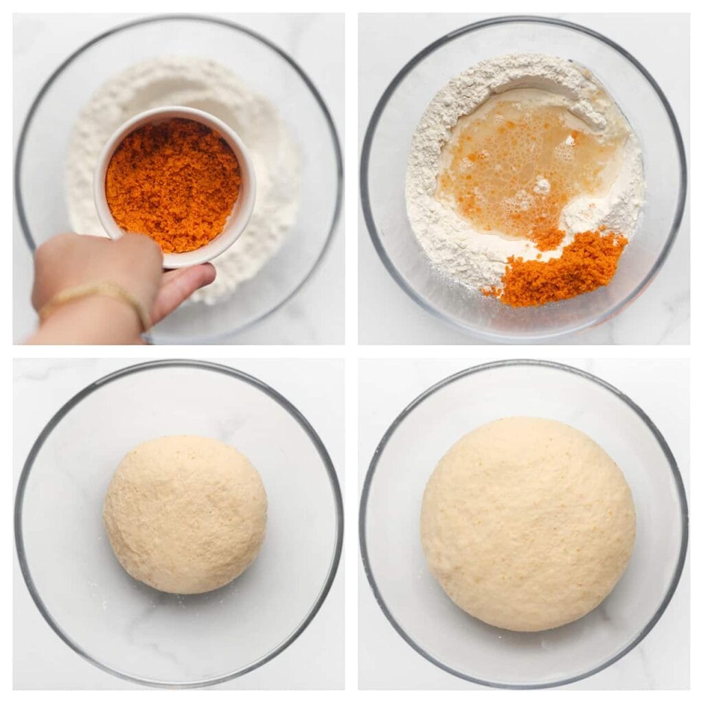 Doe de bloem, 25 gram van de fijngemalen chips, zonnebloemolie, gist, zout, honing en het lauwwarme water in een kom. Meng en kneed het deeg 10-12 minuten. Dek de kom af en laat het deeg 1 uur rijzen, of tot het in formaat is verdubbeld.