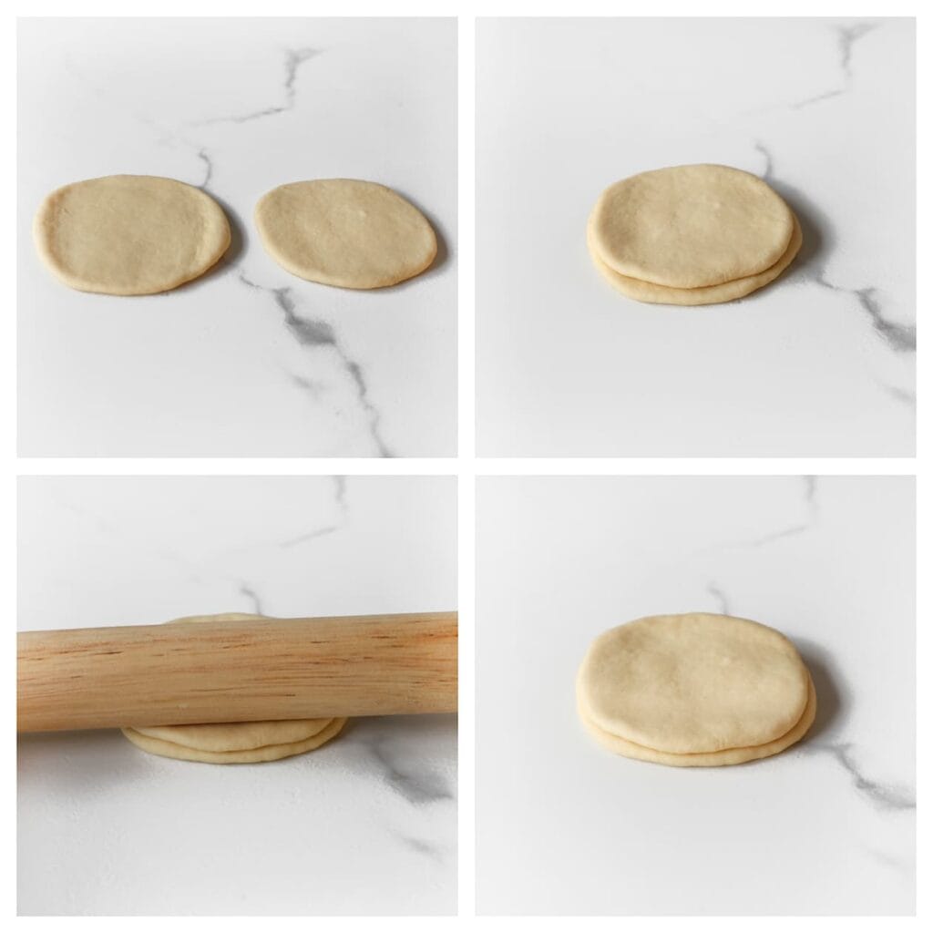  Stapel twee deeglapjes op elkaar en druk ze stevig aan met een deegroller.