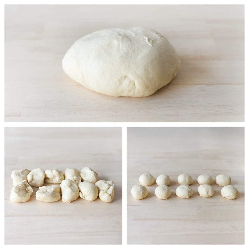 Haal de lucht uit het deeg en verdeel het in 10 gelijke stukken. Vorm elk stuk tot een strak bolletje.