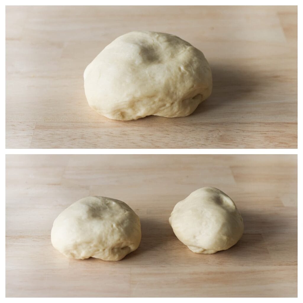 Verdeel het deeg in twee gelijke delen van ongeveer 350 gram per stuk.