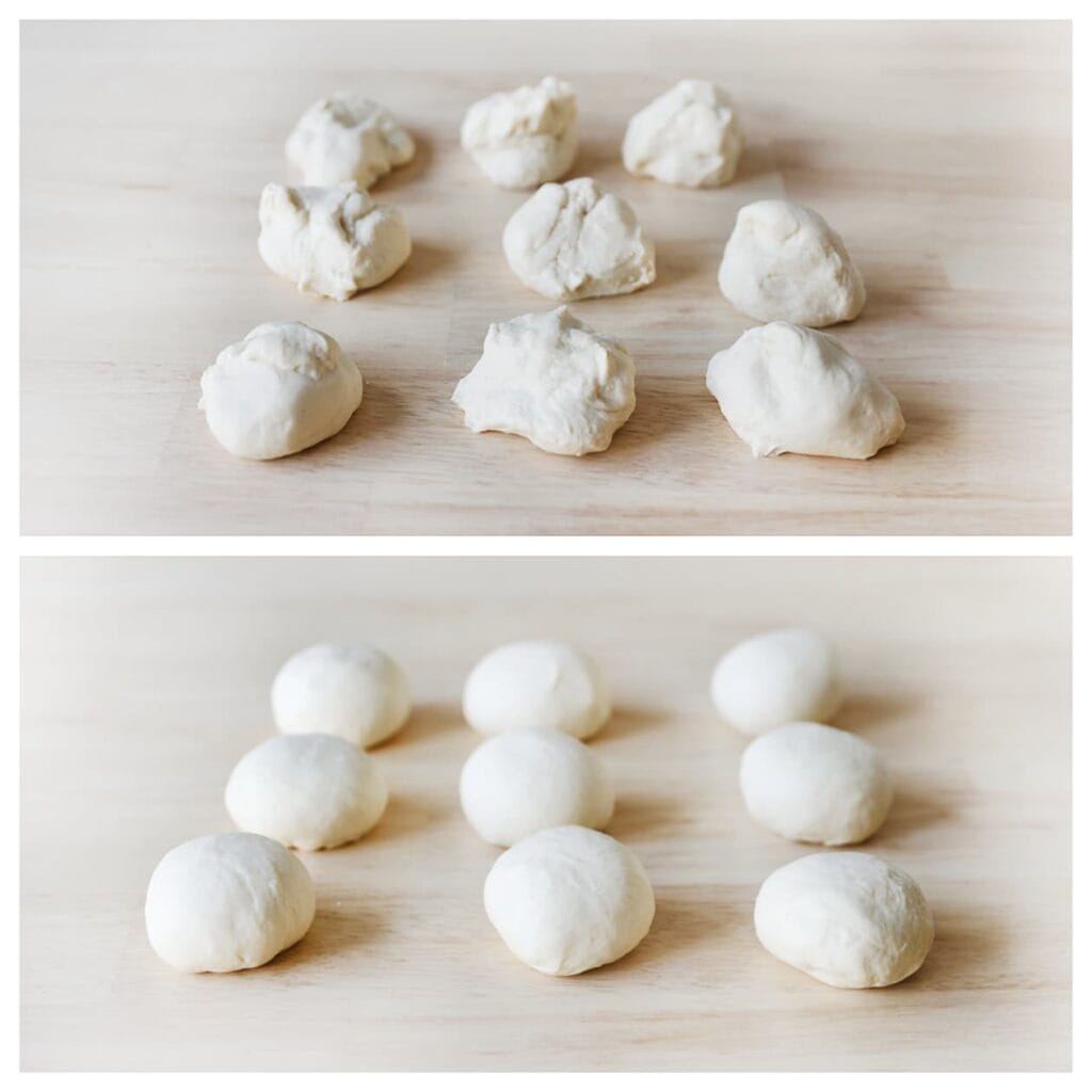 Verdeel het deeg in 9 gelijke stukken en vorm er mooie bolletjes van.