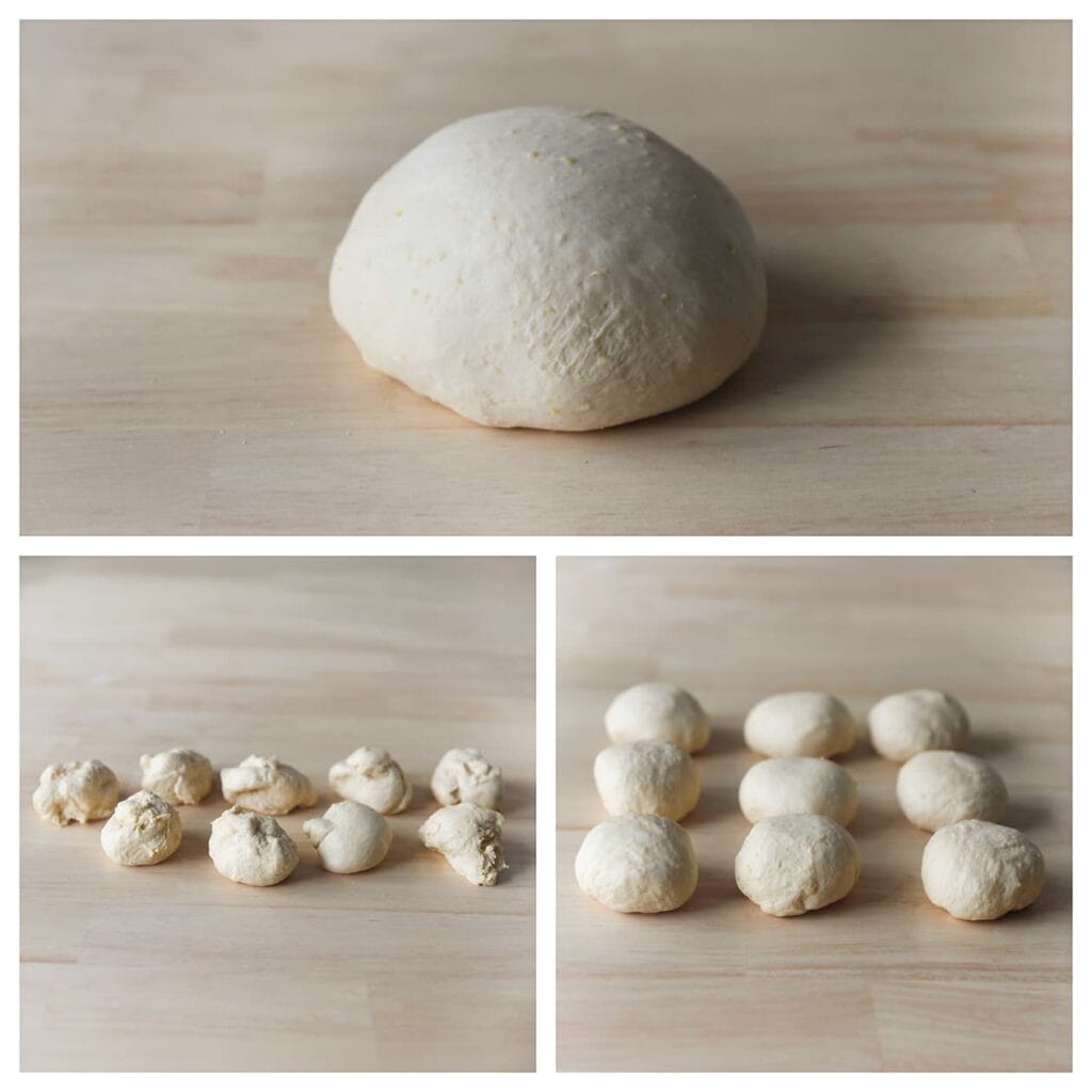 Druk de lucht uit het deeg en verdeel het in 9 gelijke stukken van ongeveer 85 gram per stuk.