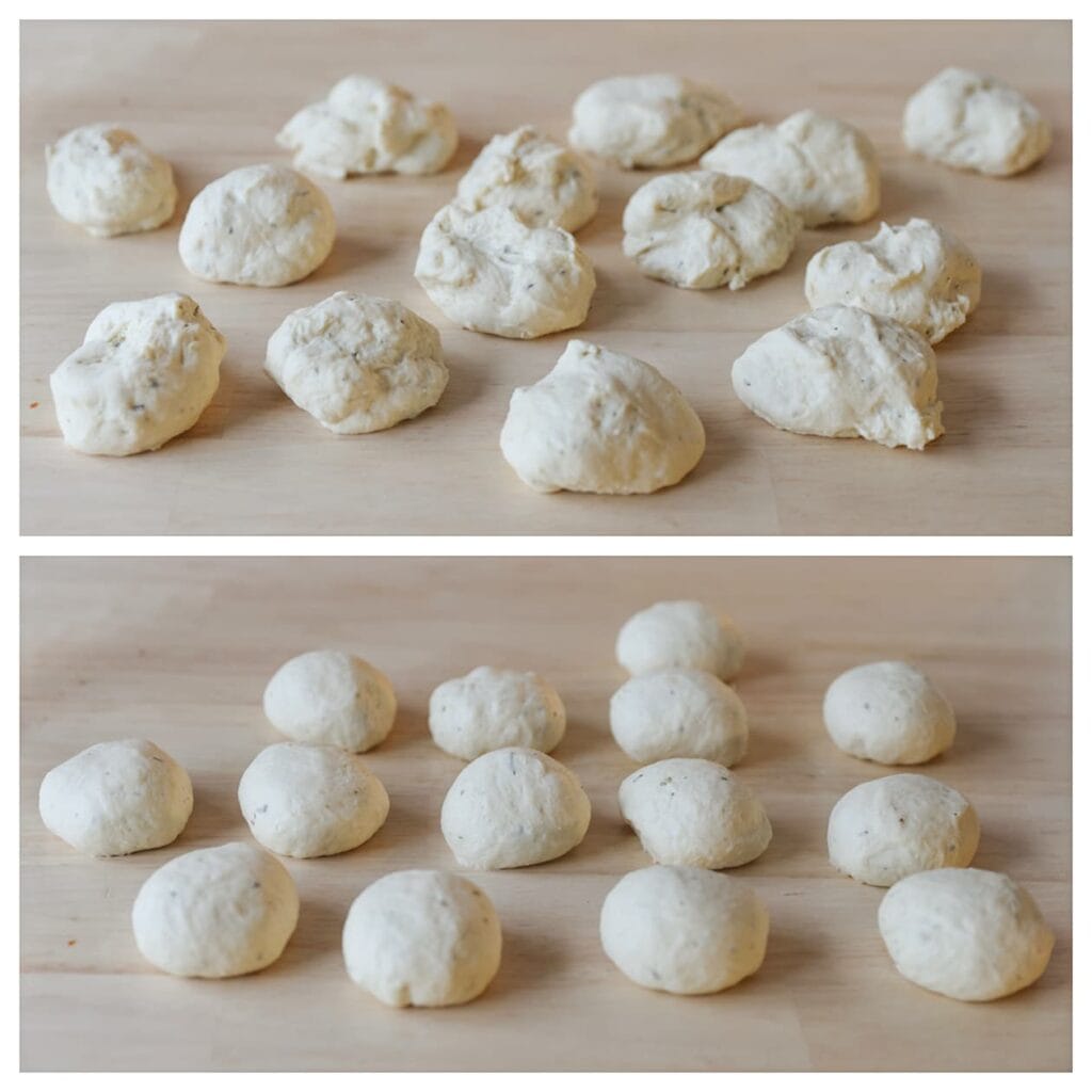 Druk de lucht uit het deeg en verdeel het in 14 gelijke stukken van ongeveer 57 gram per stuk. Vorm elk stuk tot een bol.