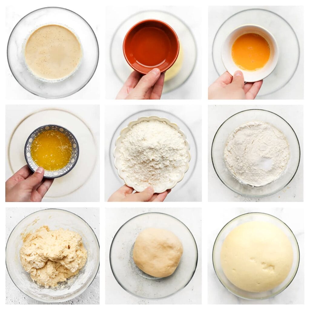 Voeg de zonnebloemolie, het geklutste ei en de gesmolten roomboter toe. Meng goed. Voeg daarna de bloem en het zout toe. Meng en kneed het deeg 10-12 minuten tot het soepel en elastisch is.