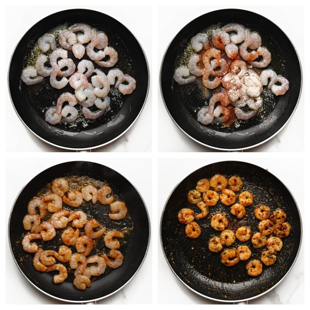 Verhit de roomboter samen met de olijfolie in een koekenpan op middelhoog vuur. Voeg de garnalen toe samen met de cayennepeper, uienpoeder, knoflookpoeder en gedroogde peterselie. Bak de garnalen 2-3 minuten, of tot ze net gaar zijn. Haal ze uit de pan en zet apart.