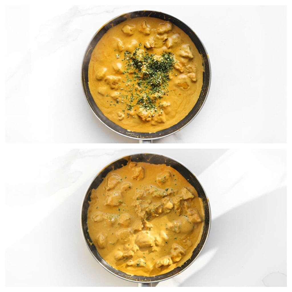 Roer de gedroogde peterselie door het kipmengsel. Meng alles goed tot een geheel.