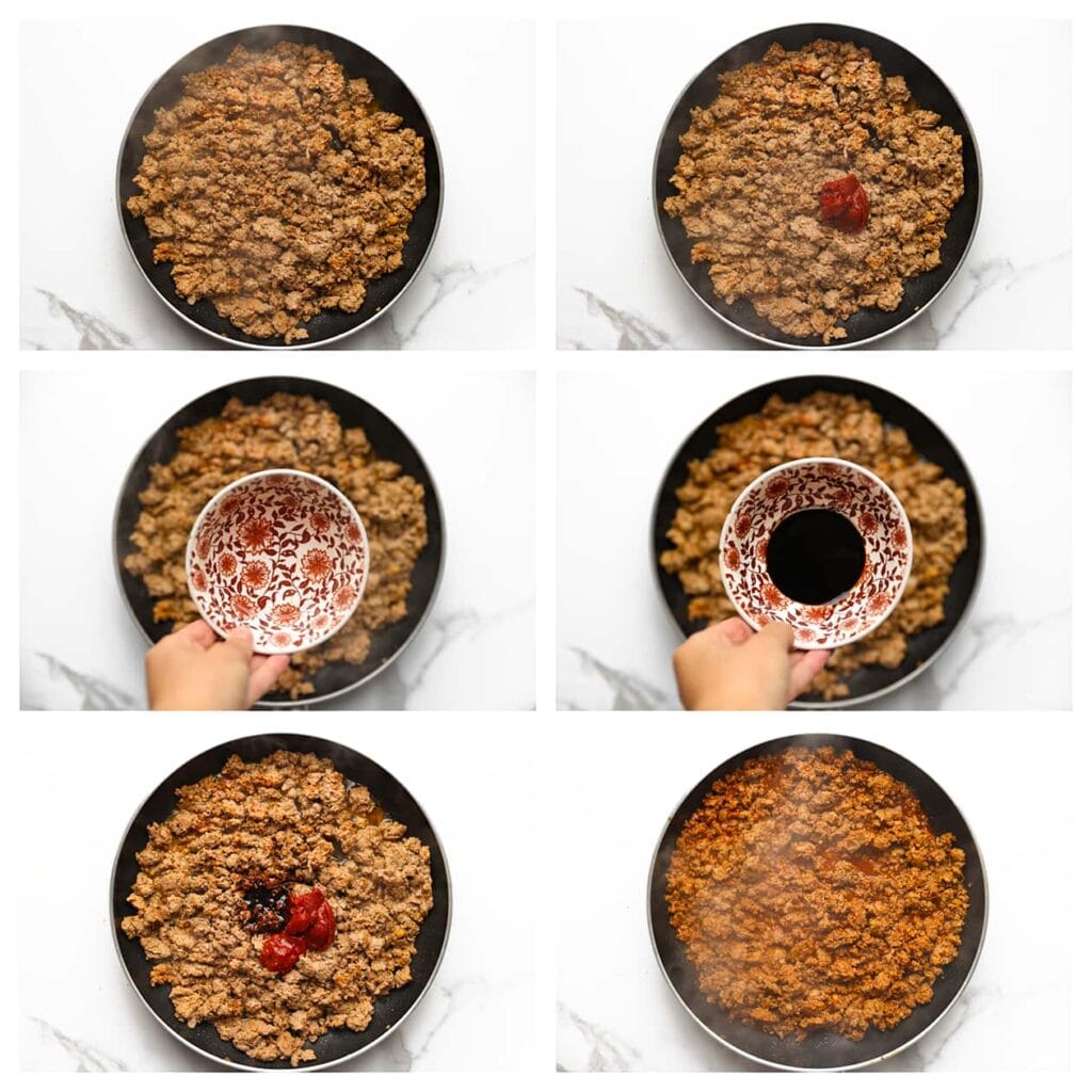 Voeg de tomatenpuree, het water, ketjap manis en sambal toe. Meng goed en bak 4-5 minuten.