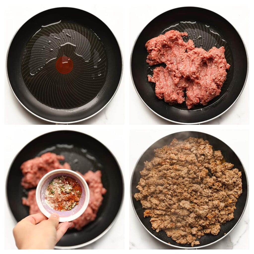 Verhit de olijfolie in een koekenpan op middelhoog vuur. Voeg het gehakt, zout, knoflookpoeder, uienpoeder, cayennepeper, zwarte peper en gedroogde peterselie toe. Bak 6 minuten.