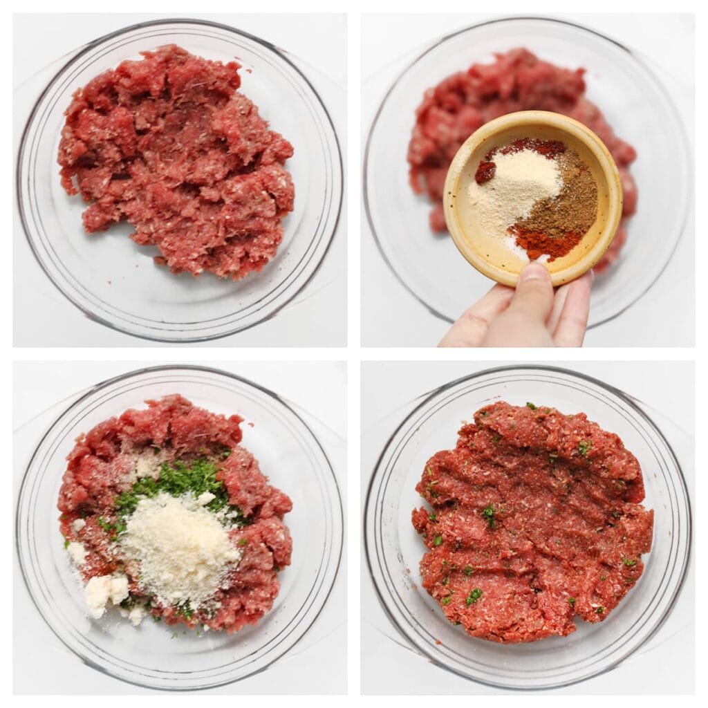 Doe het gehakt, zout, paprikapoeder, knoflookpoeder, uienpoeder, cayennepeper, komijn, 5 gr gehakte peterselie en de Parmezaanse kaas in een diepe kom. Meng alles goed door elkaar.