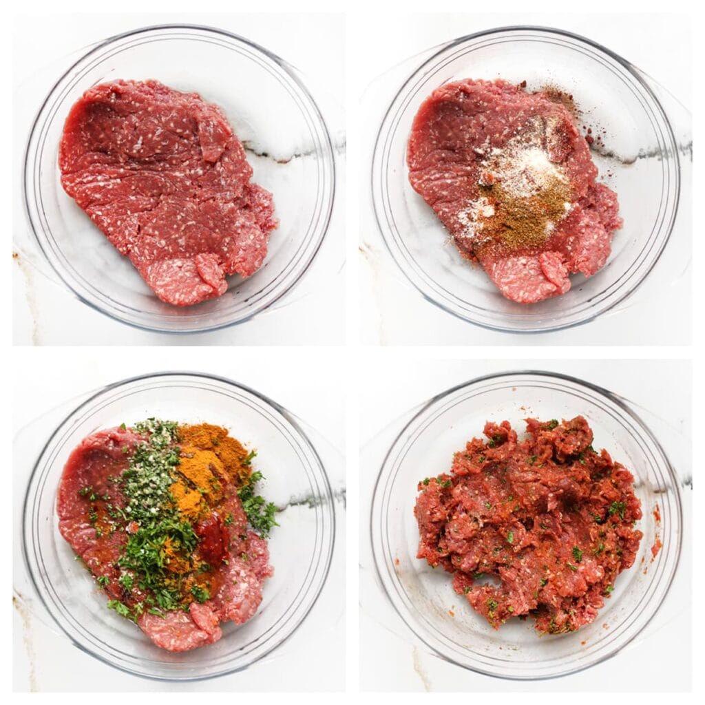 Doe het gehakt, komijn, cayennepeper, ras el hanout, uienpoeder, knoflookpoeder, peterselie, sambal en zout in een diepe kom. Meng alles goed door elkaar.