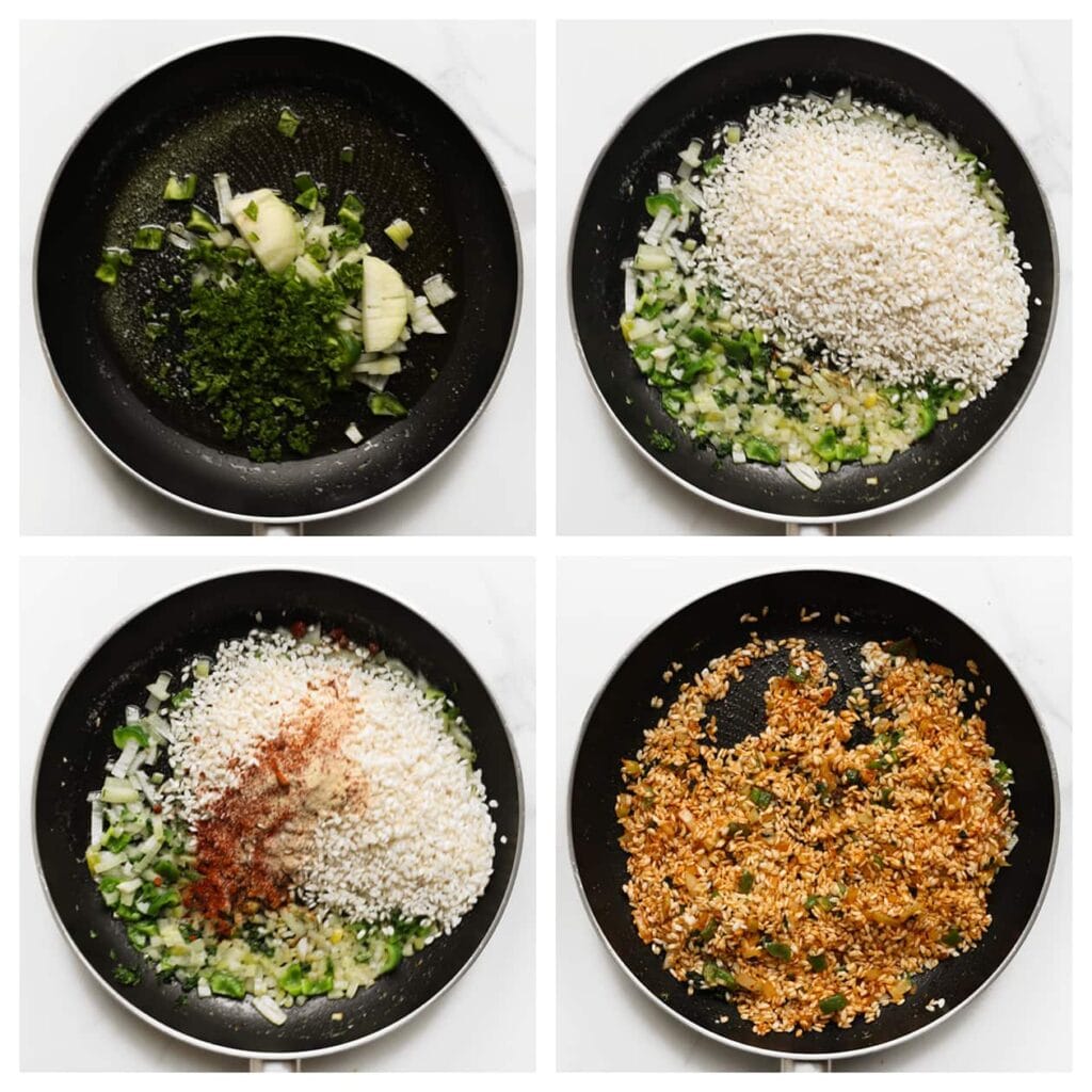 Verhit de olijfolie in een diepe pan op middelhoog vuur. Voeg de gesnipperde ui en 15 gr gehakte peterselie toe. Bak 3-4 minuten tot de ui glazig is. Voeg de risottorijst toe, samen met het uienpoeder, knoflookpoeder, cayennepeper, paprikapoeder en zout. Meng goed en bak de rijst 1-2 minuten, zodat de korrels licht geroosterd worden.