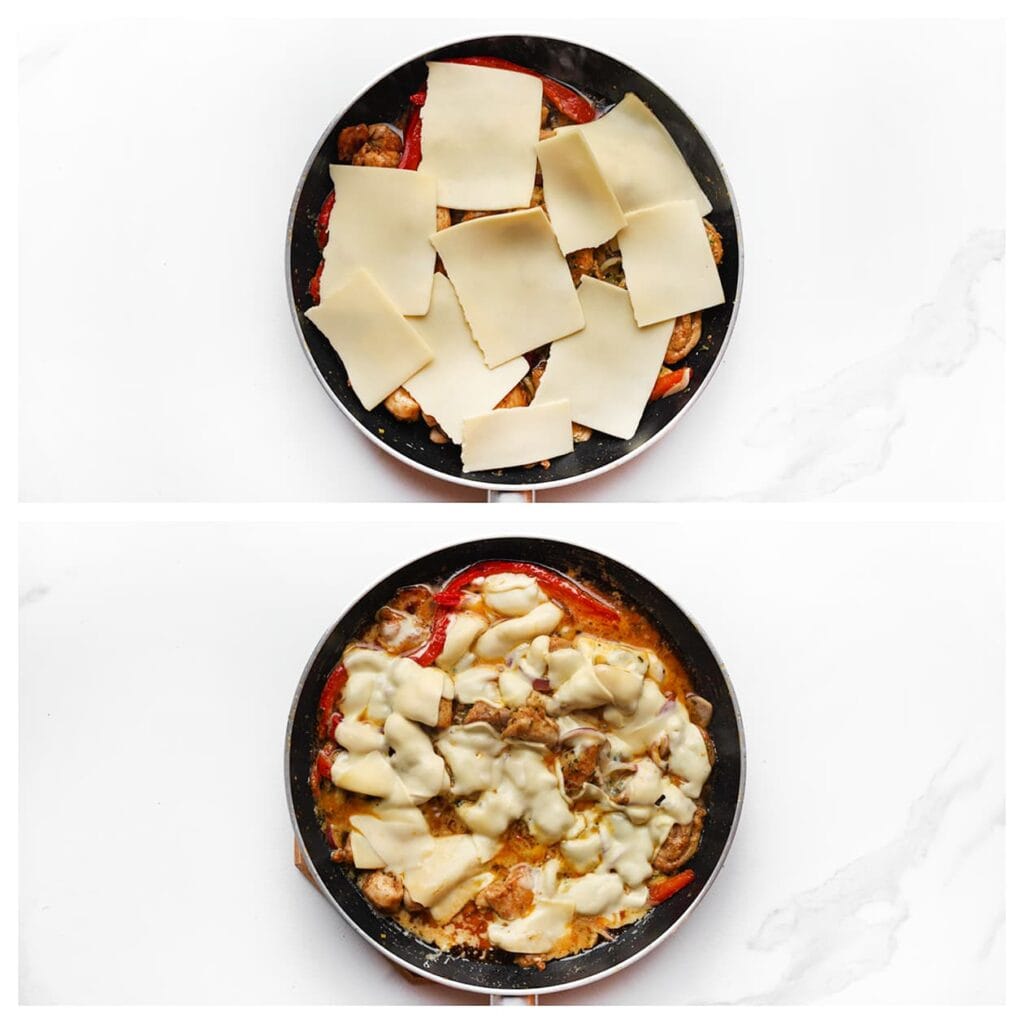 Haal de pan van het vuur en leg de plakjes kaas op de kip. Dek de pan eventueel af met een deksel zodat de kaas sneller smelt.