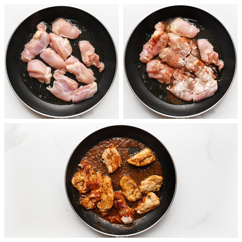 Verhit de roomboter en zonnebloemolie in een koekenpan op middelhoog vuur. Voeg de kippendijen, zwarte peper, knoflookpoeder, uienpoeder, cayennepeper, korianderpoeder en paprikapoeder toe. Roer goed door en bak 2-3 minuten, totdat de kruiden beginnen te geuren.