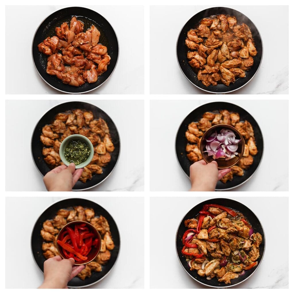 Verhit de roomboter in een koekenpan op middelhoog vuur. Voeg de kip toe en bak deze 4-5 minuten, tot de stukjes mooi goudbruin zijn. Voeg de groene pesto, in reepjes gesneden gegrilde paprika en rode ui toe. Roer goed door en bak nog 3-4 minuten mee, tot alles goed gemengd en verwarmd is.