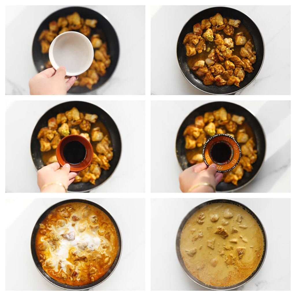 Voeg het water, kippenbouillonblokje, de ketjap manis, sojasaus en kokosmelk toe aan de pan. Roer goed door en laat het geheel 5-7 minuten zachtjes koken, of tot de saus is ingedikt.