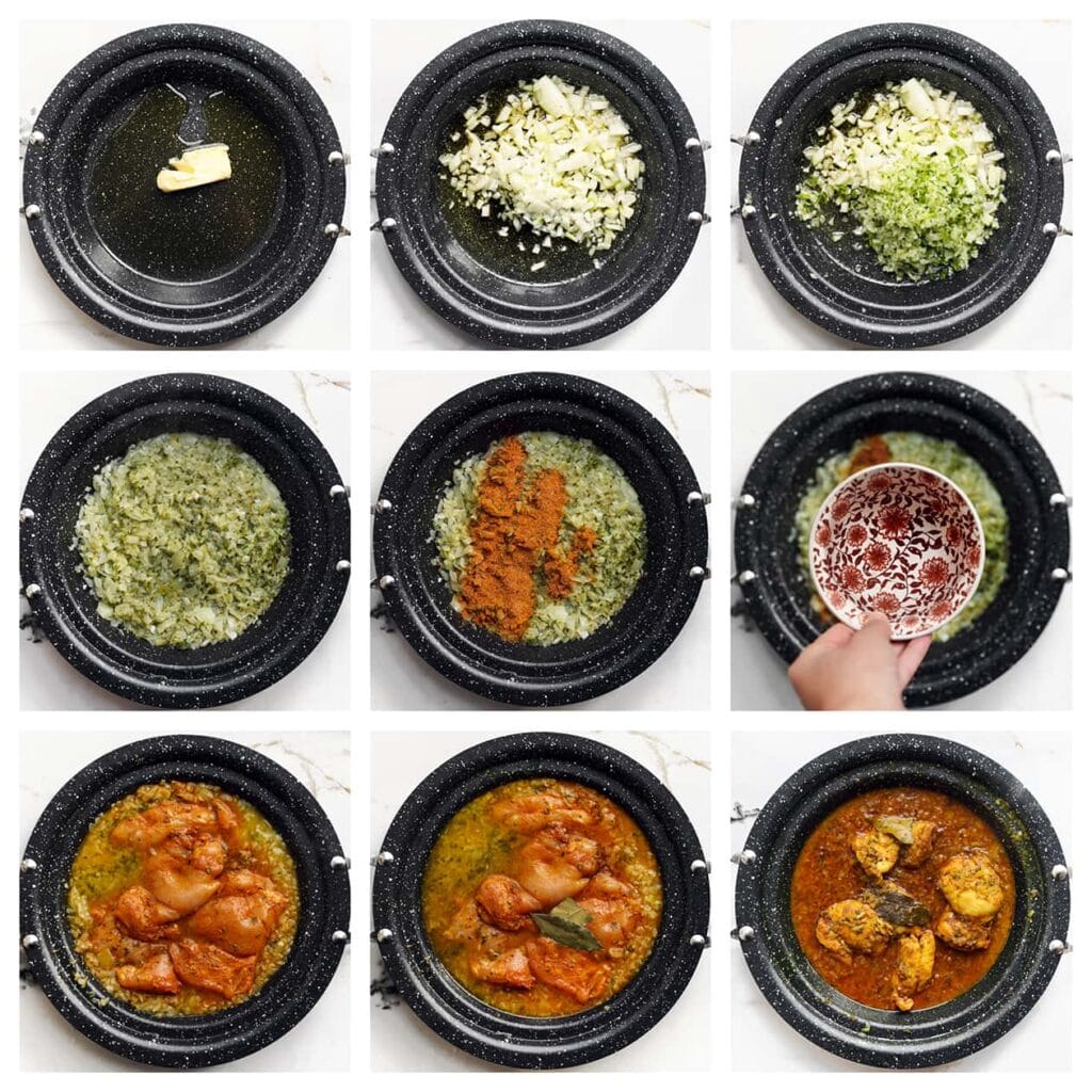 Verhit de olijfolie en roomboter in een pan op middelhoog vuur. Voeg de gesnipperde gele ui en het groentemengsel toe. Bak dit 2-3 minuten. Voeg het overige kruidenmengsel, water, de gemarineerde kip en de laurierblaadjes toe aan de pan. Zet het vuur hoog en breng aan de kook. Zodra het mengsel begint te pruttelen, zet je het vuur laag. Dek de pan af en laat het geheel 25-30 minuten zachtjes koken.