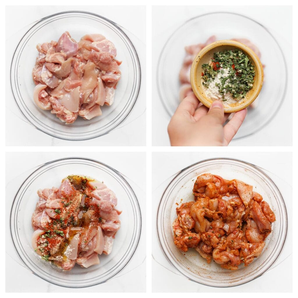 Was en snijd de kippendijen in stukken en doe ze in een diepe kom. Voeg het zout, cayennepeper, knoflookpoeder, uienpoeder, komijn en olijfolie toe. Meng goed.