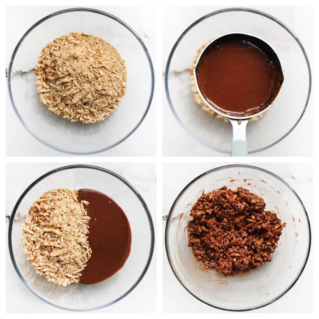 Hak de mariakoekjes grof met een hakmolen of snijd ze klein met een mes. Doe ze in een diepe kom en meng ze met de chocoladeganache tot een samenhangend mengsel.