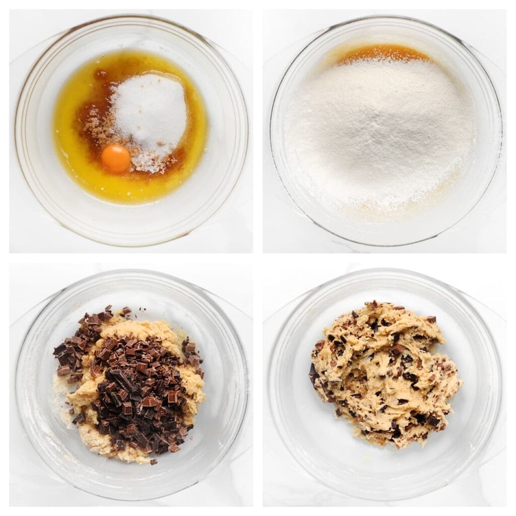 Doe de afgekoelde boter samen met de bruine basterdsuiker, kristalsuiker, vanillesuiker, zout en het ei in een diepe kom. Mix tot een gladde massa. Zeef de bloem en het bakpoeder boven de kom. Meng en kneed tot een samenhangend deeg. Voeg de gehakte chocolade toe en kneed kort tot het deeg goed gemengd is.