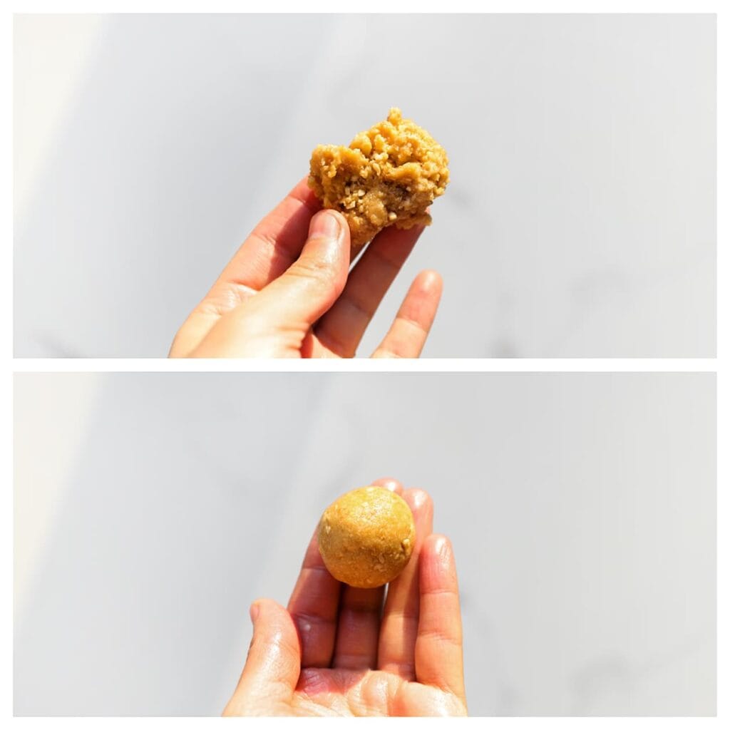 Neem 20 g van het koekjesdeeg en rol dit tot een bolletje. Herhaal totdat al het koekjesdeeg op is.