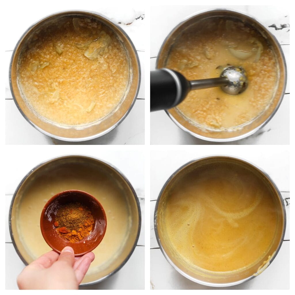 Blend de gekookte rode linzen tot een gladde massa. Voeg vervolgens de ras el hanout, komijn, knoflookpoeder en zout naar smaak toe. Meng goed en kook het mengsel nog 5 minuten door.