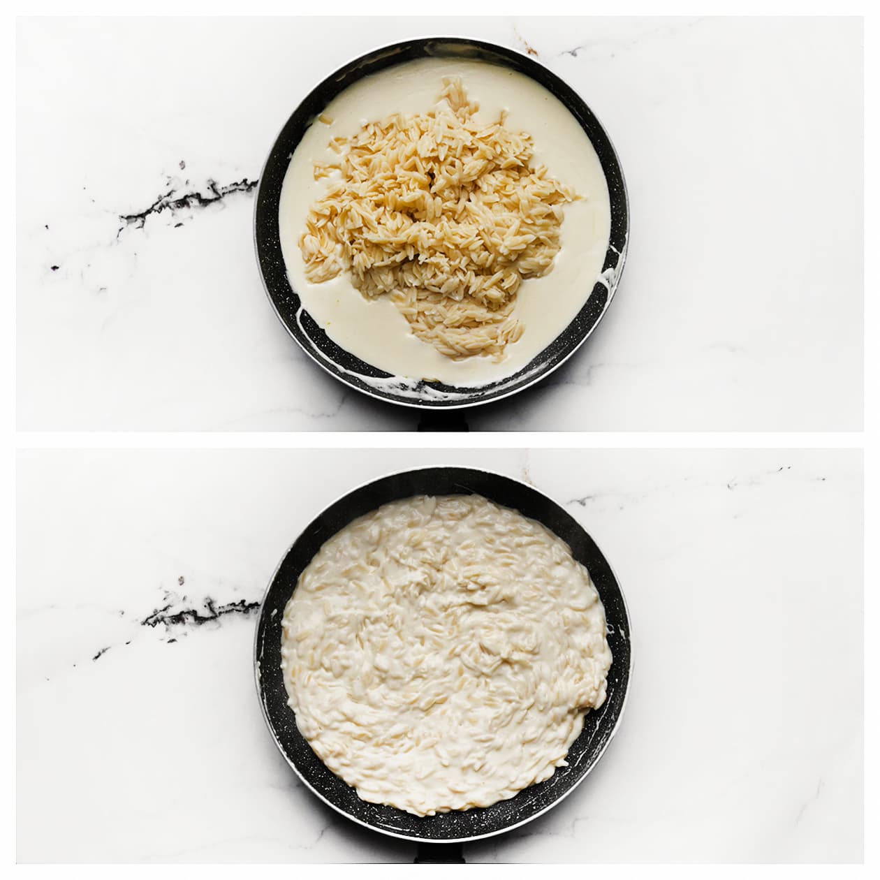 Orzo mengen met de kaassaus