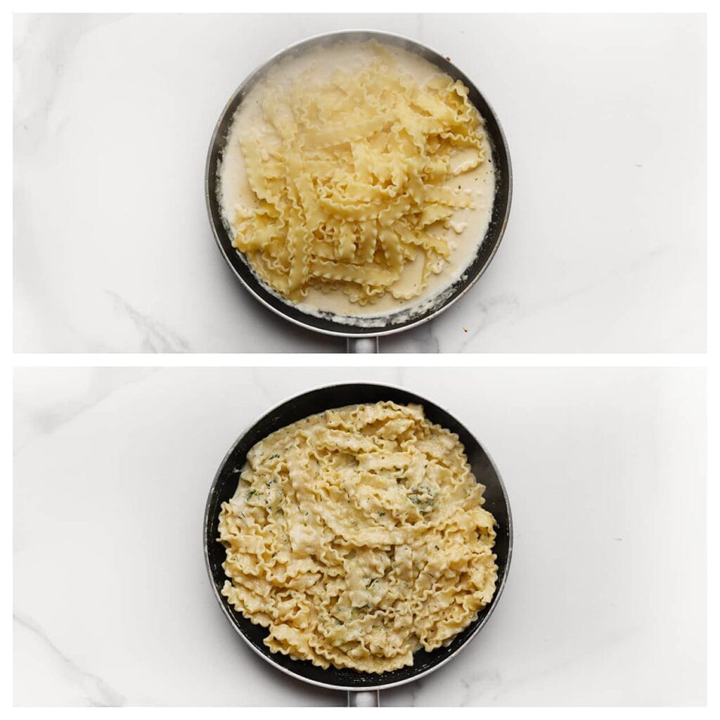 Voeg de gekookte mafaldine toe aan de saus in de pan. Meng alles goed door elkaar zodat de pasta volledig bedekt is met de saus.