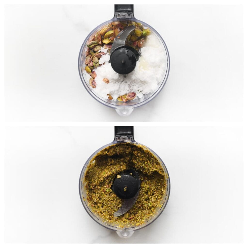 Doe de pistachenoten, witte basterdsuiker, het eiwit en het water in een hakmolen en maal fijn tot een gladde pasta. Zet opzij.