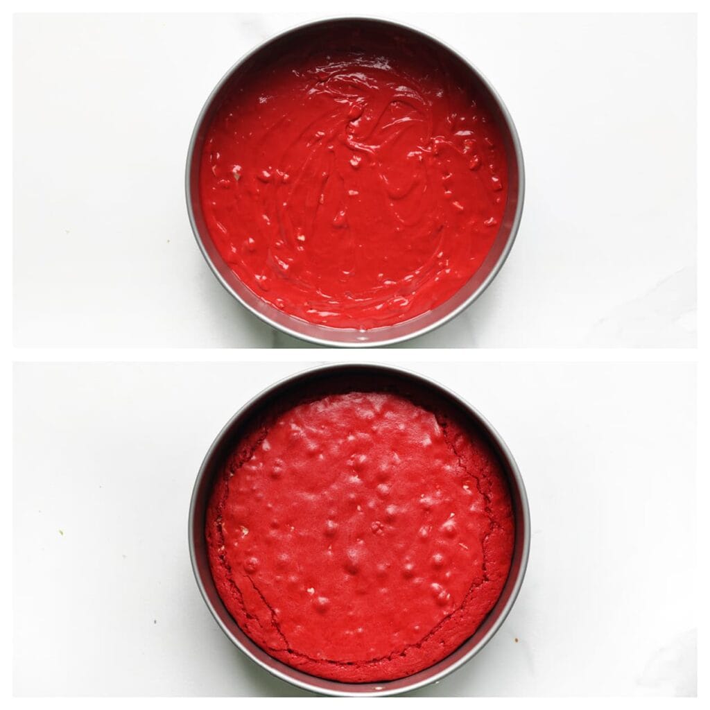 Vet een springvorm goed in en bedek de bodem met bakpapier. Verdeel het redvelvetbeslag gelijkmatig over de bodem. Zet de redvelvet in een voorverwarmde oven op 170 °C. Bak 25-28 minuten.