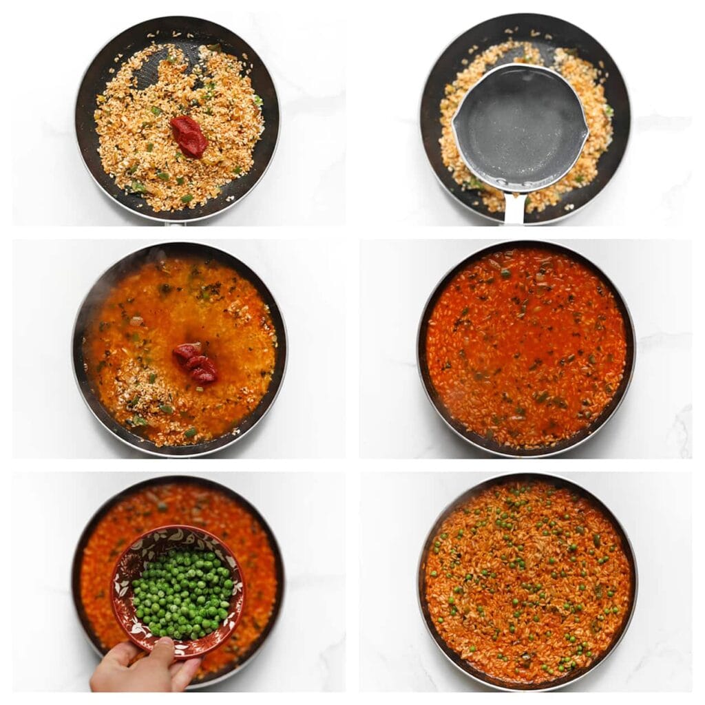 Voeg de tomatenpuree toe en schenk 500 ml van het gekookte water erbij. Meng goed. Laat de risotto 10-12 minuten zachtjes koken op laag vuur en roer regelmatig. Als het meeste vocht is opgenomen, maar de risotto nog niet gaar is, voeg je de doperwten en de resterende 350 ml water in kleine porties toe. Gebruik een soeplepel en roer telkens tot het water is opgenomen voordat je meer toevoegt. Dit proces duurt ongeveer 10 minuten en zorgt voor een romige textuur. 