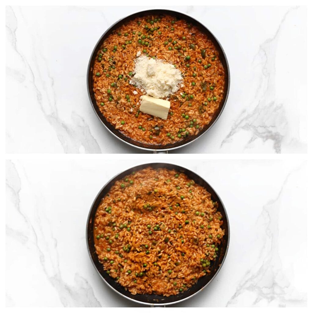 Wanneer de risotto gaar is, voeg je de Parmezaanse kaas en de roomboter toe. Dek de pan af tot beide zijn gesmolten. Meng alles tot een romig geheel.