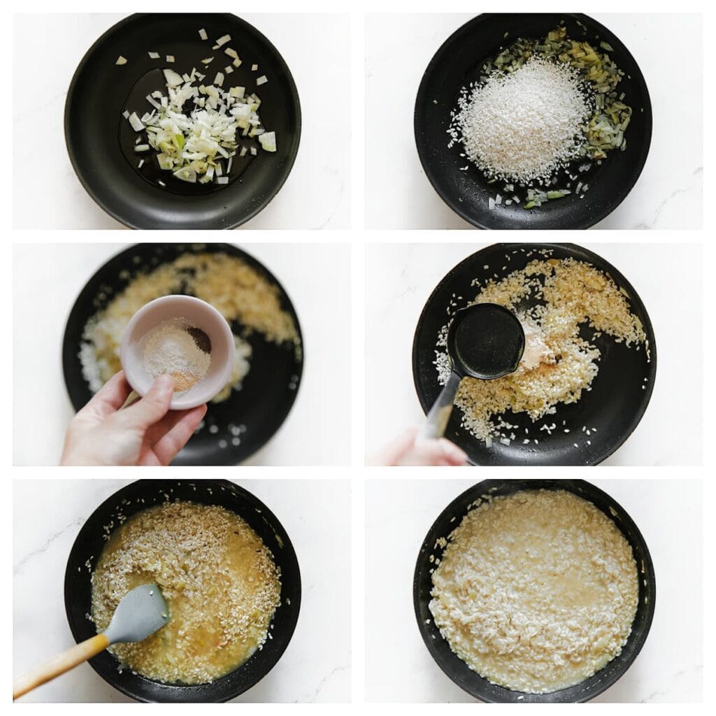 Verhit vervolgens 30 ml olijfolie in dezelfde koekenpan op middelhoog vuur. Voeg de gesnipperde gele ui toe en bak deze 3-4 minuten. Voeg de risottorijst, knoflookpoeder, zwarte peper en uienpoeder toe. Roer goed door zodat alle rijstkorrels bedekt zijn met de kruiden. Voeg een soeplepel hete bouillon toe aan de risotto en roer goed door. Herhaal dit proces: zodra de bouillon bijna is opgenomen, voeg je een nieuwe soeplepel toe. Blijf roeren en bouillon toevoegen gedurende 15-18 minuten, tot de rijst romig en bijna gaar is.