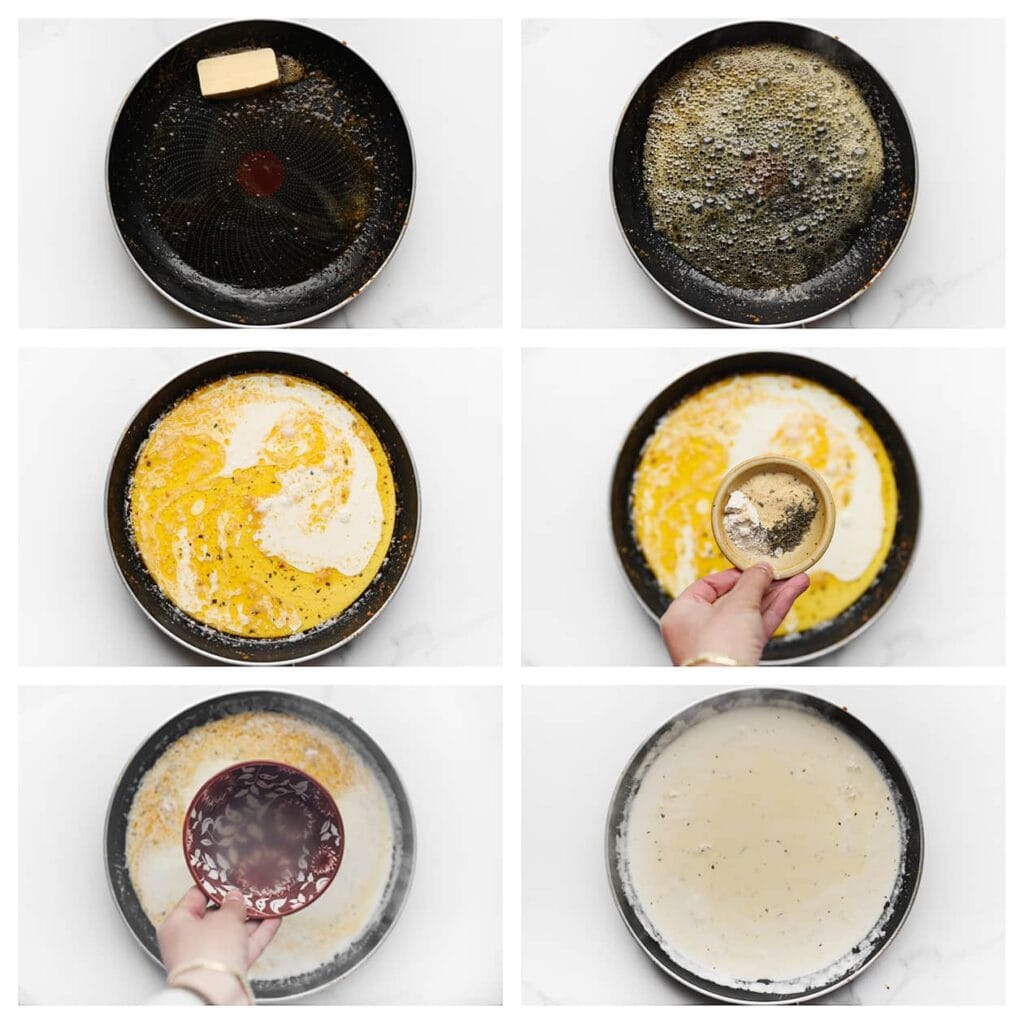 Gebruik dezelfde koekenpan om de saus te bereiden. Verhit opnieuw de roomboter en voeg de ongeklopte slagroom, uienpoeder, knoflookpoeder, zwarte peper, tijm, zout en het apart gehouden pastawater toe. Laat dit mengsel 5-7 minuten koken, tot de saus is ingedikt.