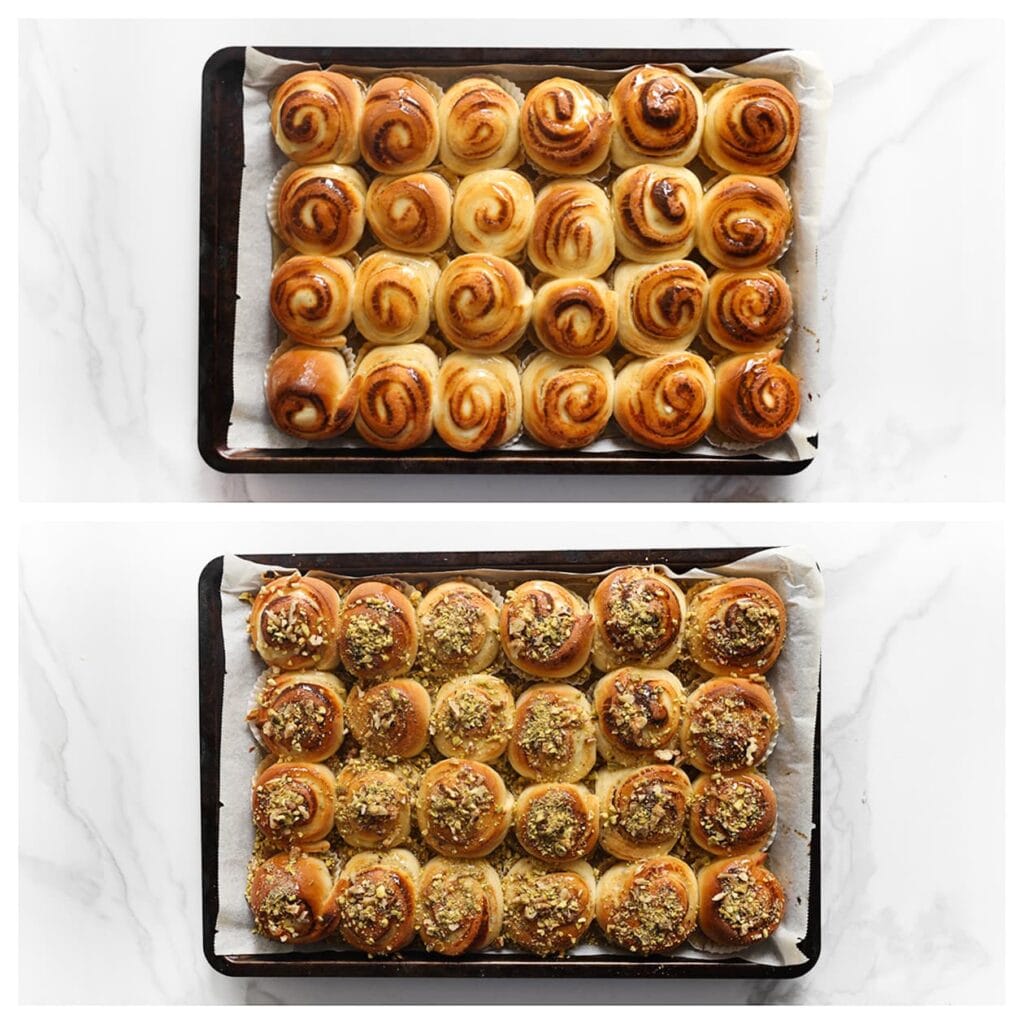 Bestrijk de warme swirls met honing en garneer met gehakte pistachenoten of walnoten.