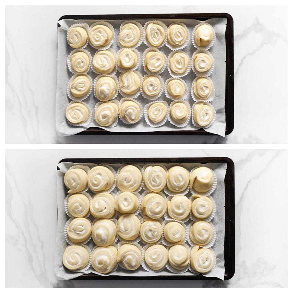 Leg de deegrolletjes (swirls) op een met bakpapier beklede bakplaat. Laat ze 30 minuten rijzen of tot ze in formaat zijn verdubbeld.