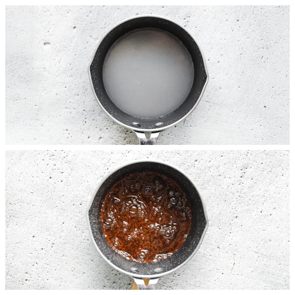 Zet het vuur hoog zodra de suiker is opgelost. Laat het mengsel 3-4 minuten koken zonder te roeren. Je zult zien dat het begint te kleuren; het moet een lichtbruine karamelkleur krijgen. Pas op dat het niet te donker wordt, want dan kan het bitter smaken.