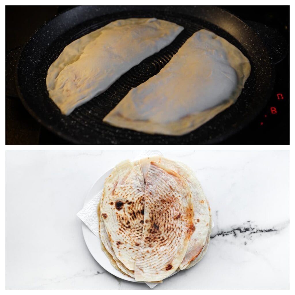 Verhit een koekenpan op middelhoog vuur en bak de gevulde deegcirkels aan beide kanten goudbruin en gaar. Dek ze direct af met een theedoek zodat ze heerlijk zacht blijven.