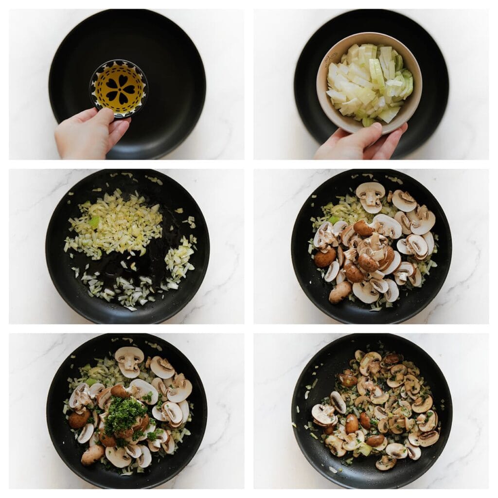 Verhit 20 ml olijfolie in een koekenpan op middelhoog vuur. Voeg de gesnipperde gele ui toe en bak deze 2-3 minuten. Voeg vervolgens de in plakjes gesneden champignons en gehakte peterselie toe. Roerbak alles 5-6 minuten. Haal het champignonmengsel uit de pan en zet apart.